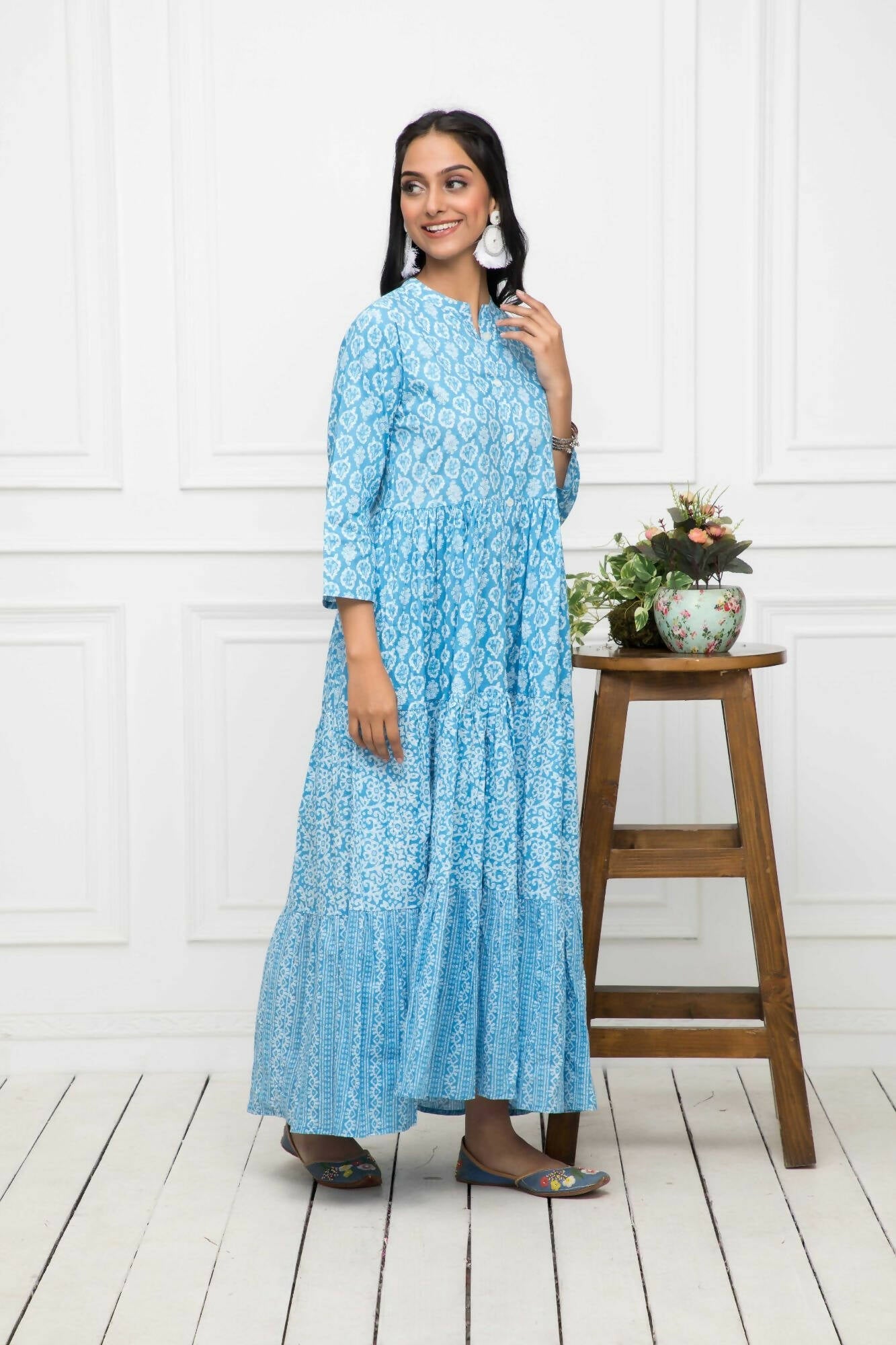 Myshka Women Blue Floral Cotton A-Line Mandarin Collar Long Dress | Grocsy