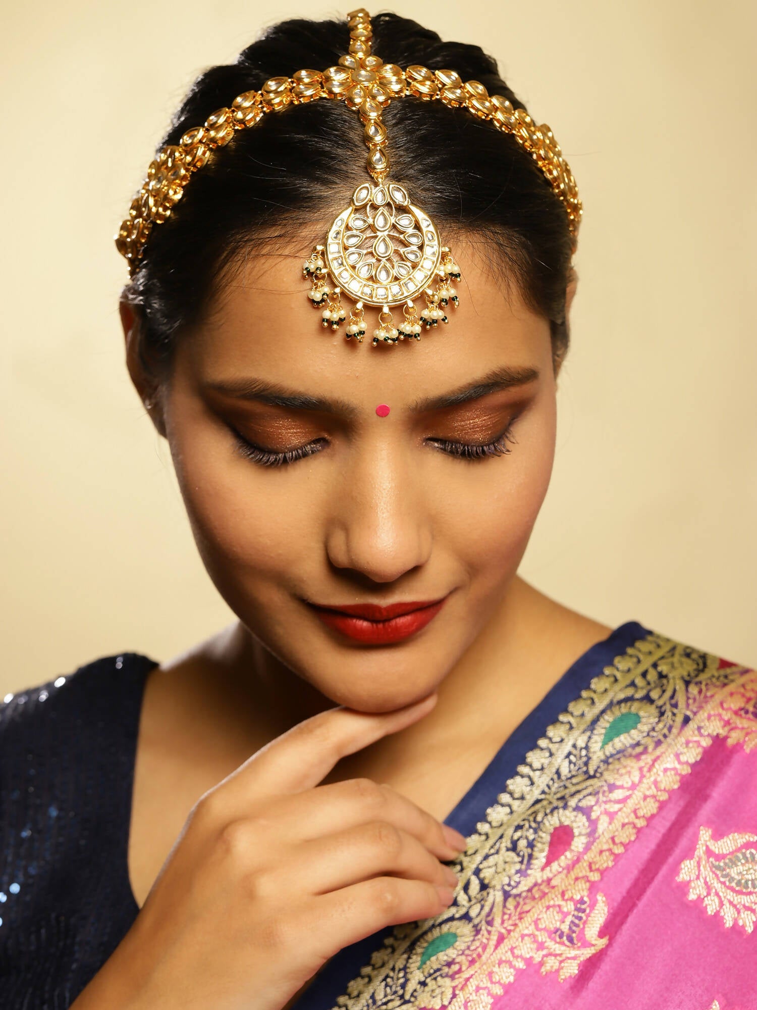 Gold-Polished White Kundan-Studded Pearl Beaded Matha Patti - Ruby Raang | Grocsy