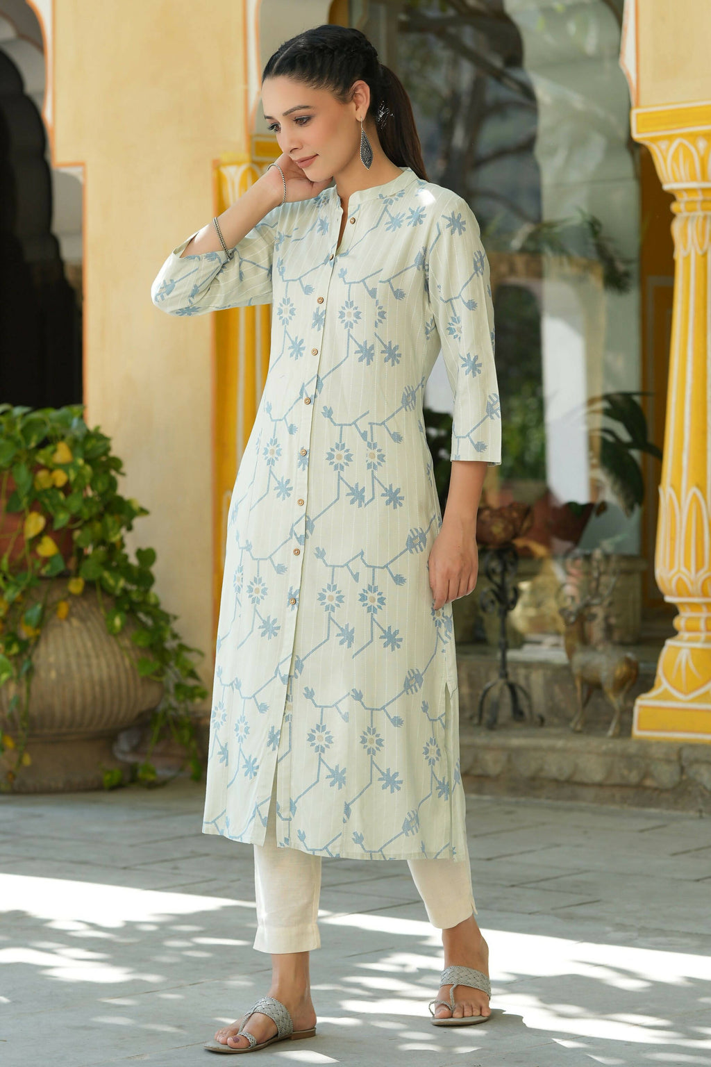 Juniper Women's Sky Blue Rayon Staple Printed A-Line Kurta | Grocsy