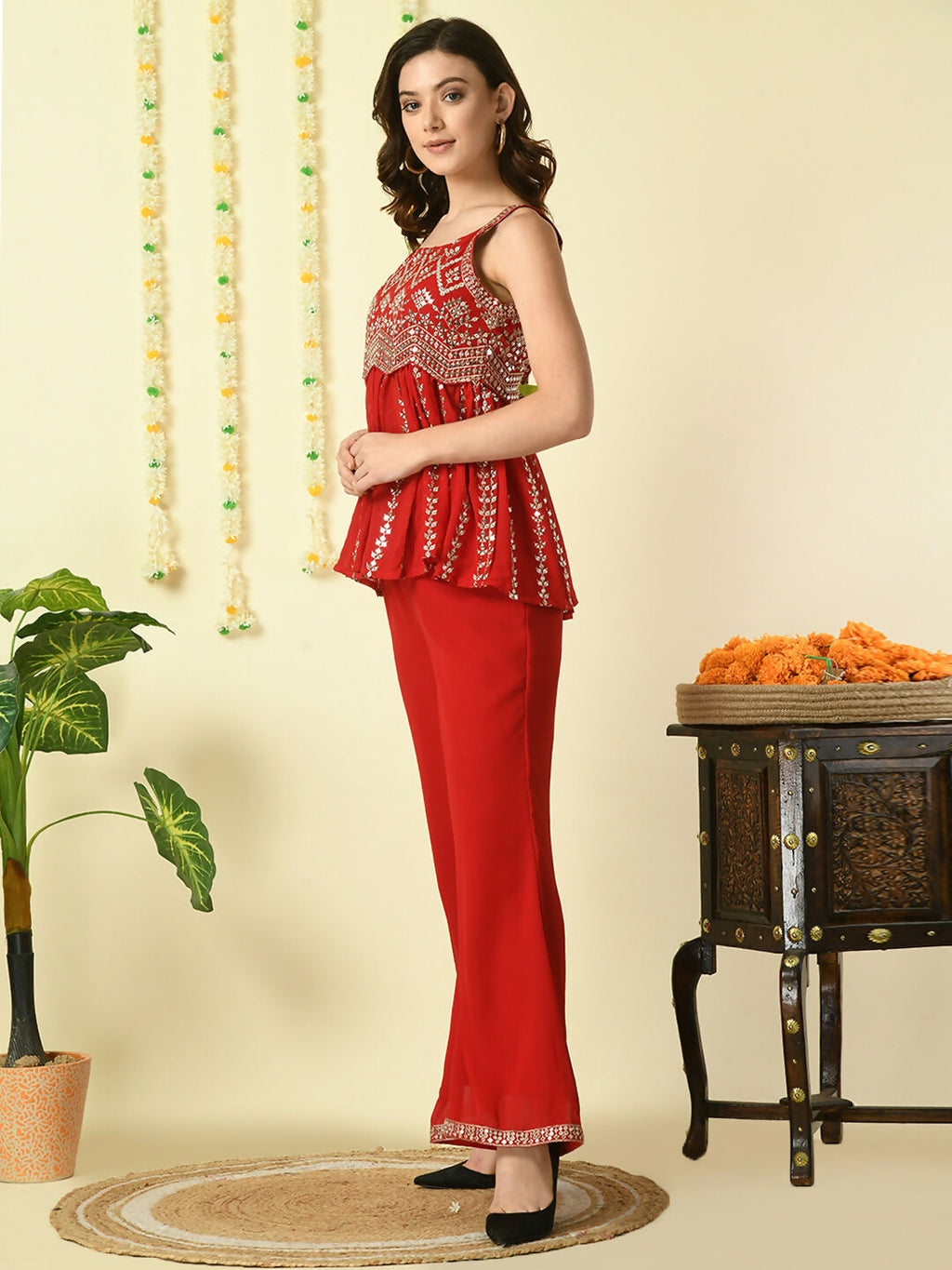 Myshka Women's Red Georgette Top With Palazzos Party Sets | Grocsy
