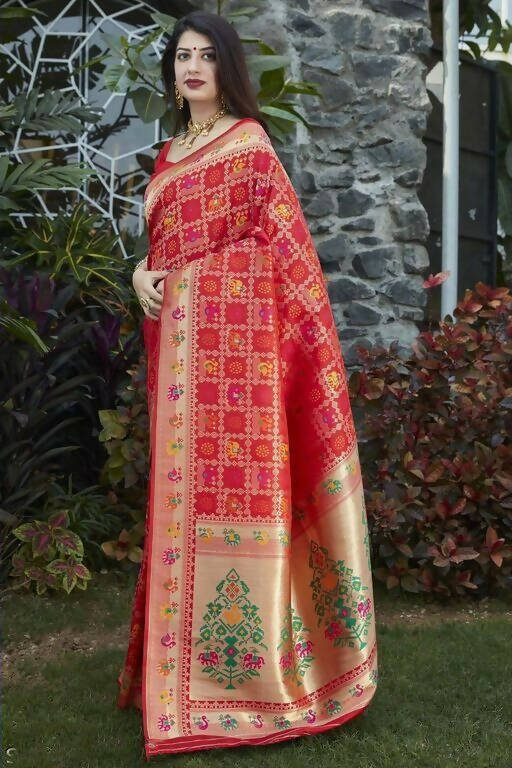 DEIANA'S Beautiful Designer Golden zari Soft Lichi Silk Saree - Red | Grocsy