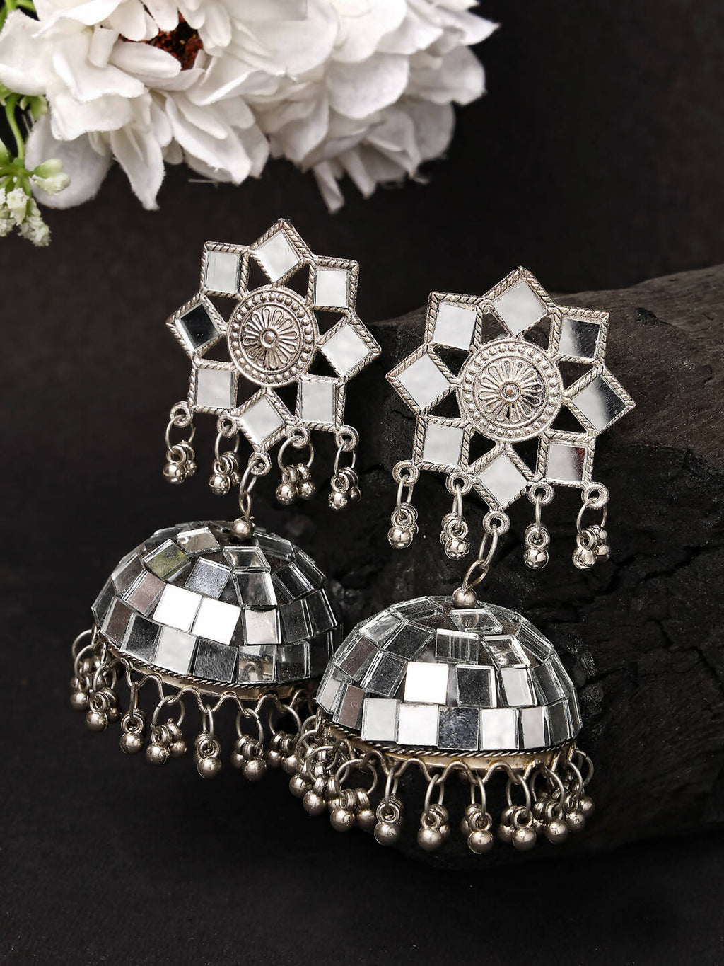 NVR Women Silver Mirror Oxidised Brass-Plated Jhumka Earrings | Grocsy