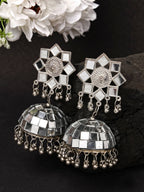 NVR Women Silver Mirror Oxidised Brass-Plated Jhumka Earrings | Grocsy