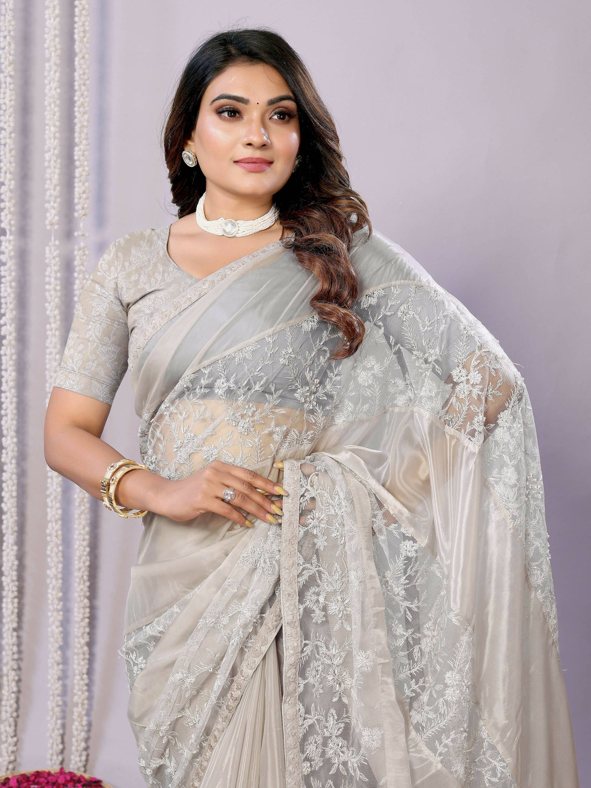 Grey Glass Tissue,Net Embroidered Saree With Stitched Blouse - Nimaya Kaksha | Grocsy