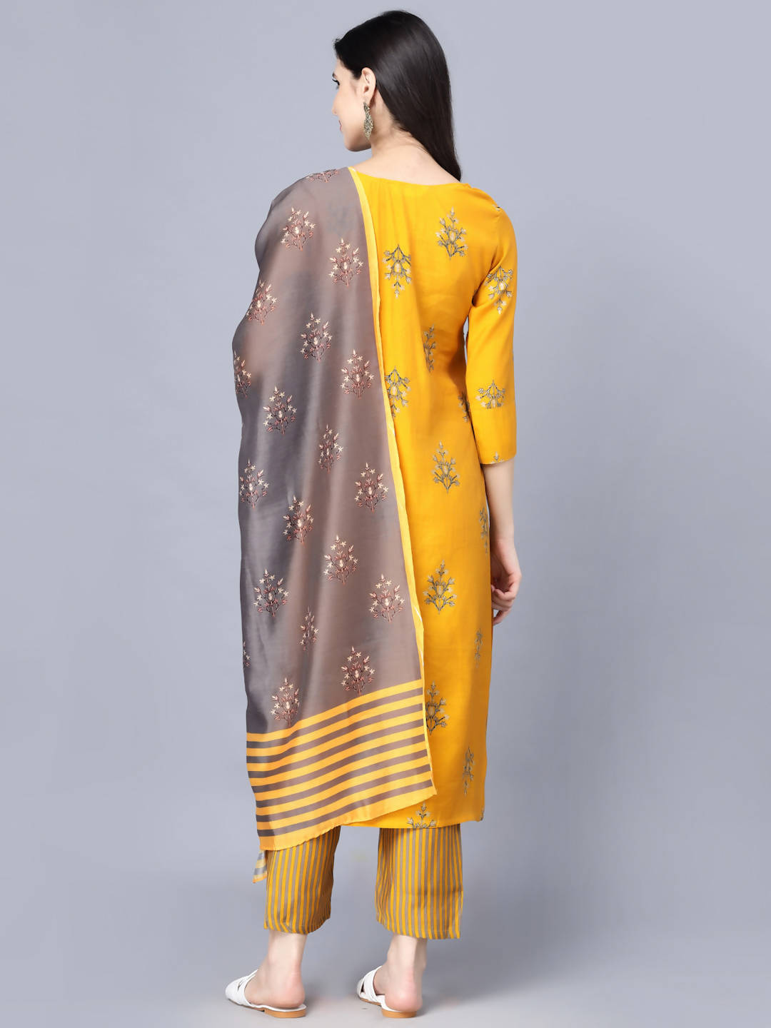 Myshka Women Mustard Yellow Ethnic Motifs Embroidered Panelled Kurti with Trousers With Dupatta | Grocsy