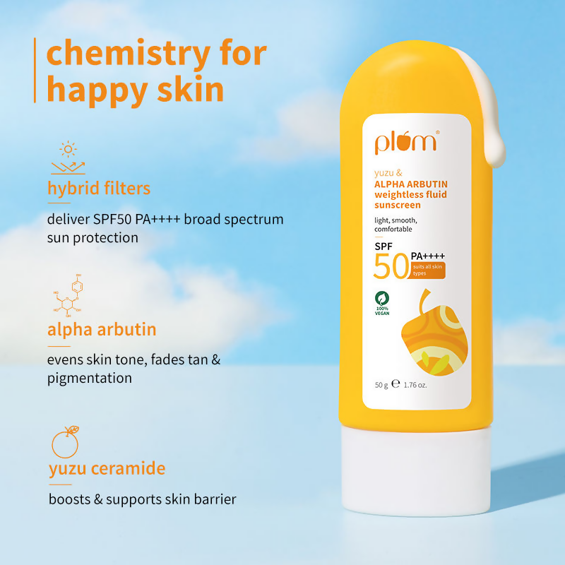 Plum Yuzu & Alpha Arbutin Weightless Fluid Sunscreen SPF 50 PA++++ | Grocsy