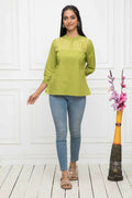Myshka Women Green Solid Mandarin Collar Regular Sleeves Pure Cotton Top | Grocsy