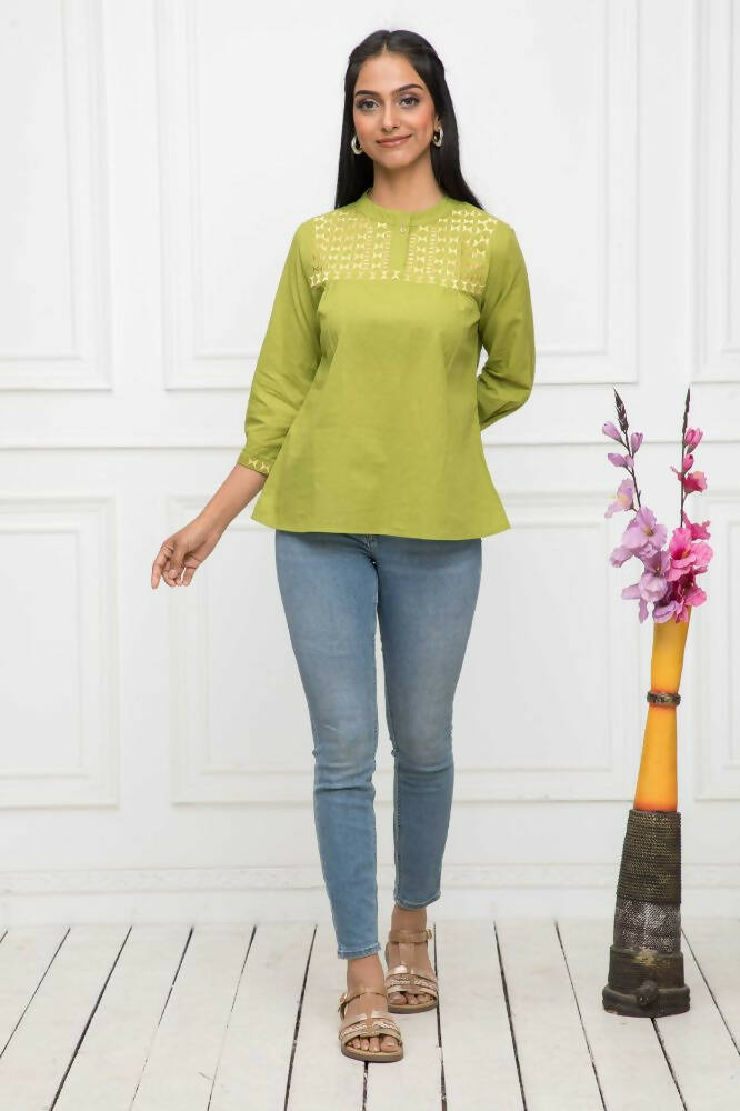 Myshka Women Green Solid Mandarin Collar Regular Sleeves Pure Cotton Top | Grocsy