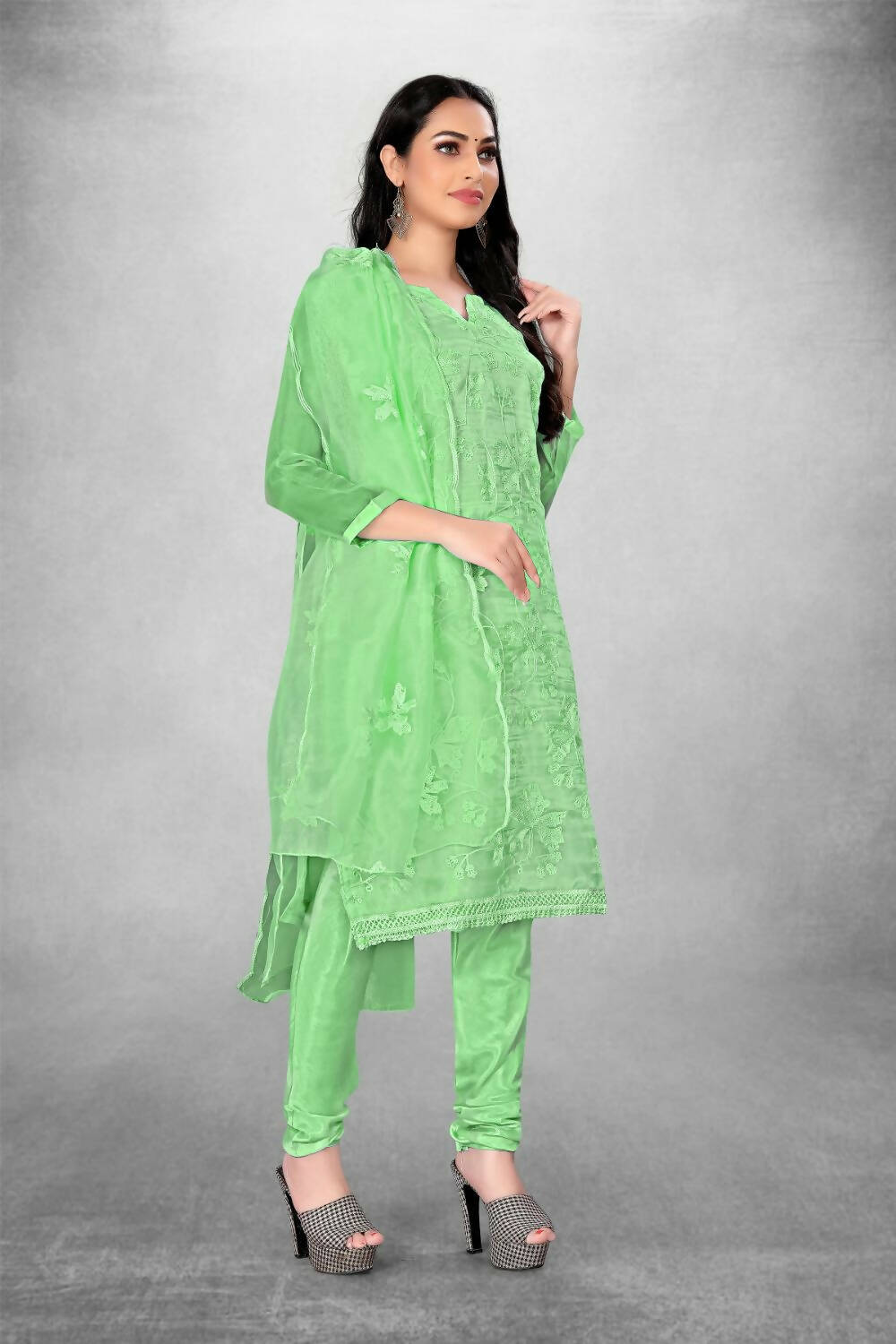 Green Heavy Organza Silk Embroidered Unstitched Dress Material - Amara | Grocsy