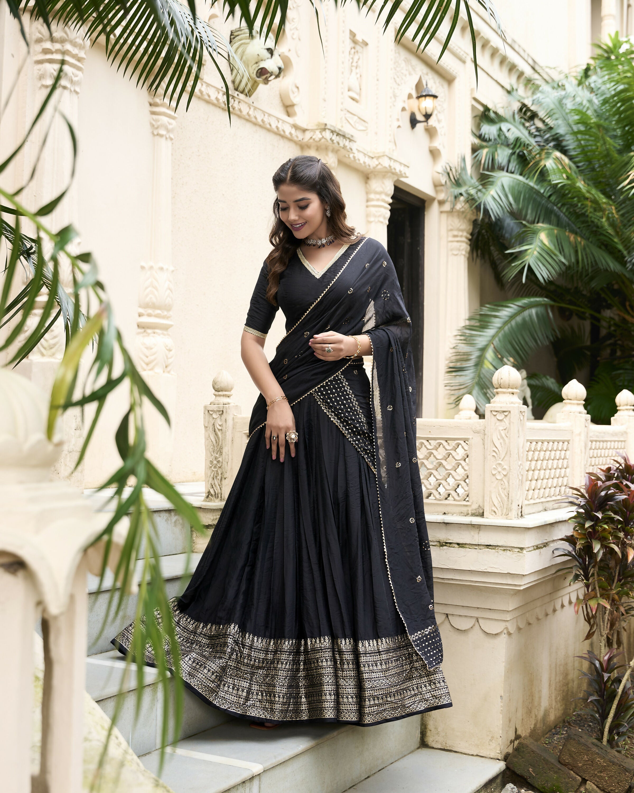 Lorenvalley Black Pure Chanderi Plain With Zari Weaving Work Border Lehenga Choli | Grocsy