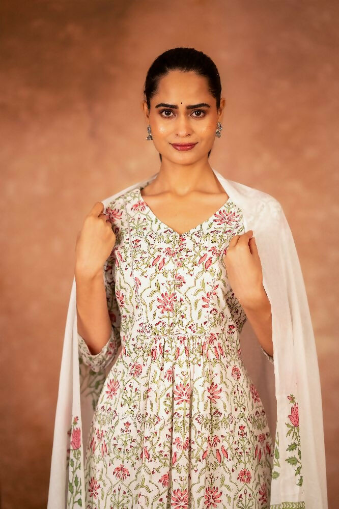 Joban Fashion Green Pink Hand Block Printed Cotton Suit Set | Grocsy