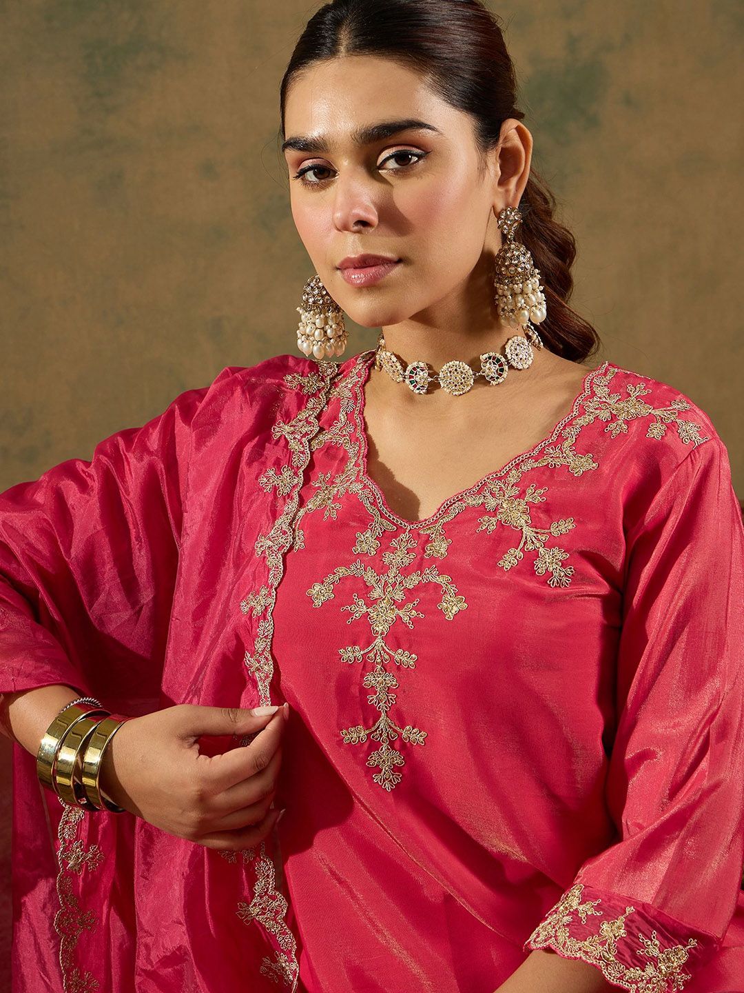 Indo Era Floral Embroidered Kurta With Trousers & Dupatta | Grocsy