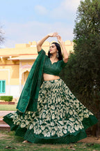 Vastranavya Ethnic Look Tussar Silk Floral Printed With Foil Work Indian Lehenga Choli - Green | Grocsy