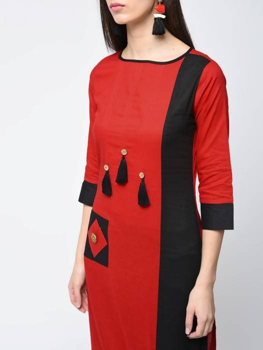 Aniyah Cotton Red Color Stylish Block Straight Kurta (AN-107K) | Grocsy