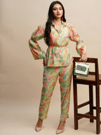 Light Green & Orange Poly Rayon Tie and dye Printed Top with Matching Trouser - Shivani | Grocsy