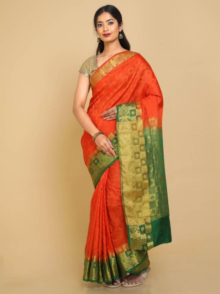 Kalamandir Checked Orange Pashmina Saree | Grocsy
