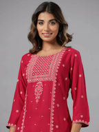 Juniper Women Fuchsia Rayon Printed Knee Length Straight Kurta | Grocsy