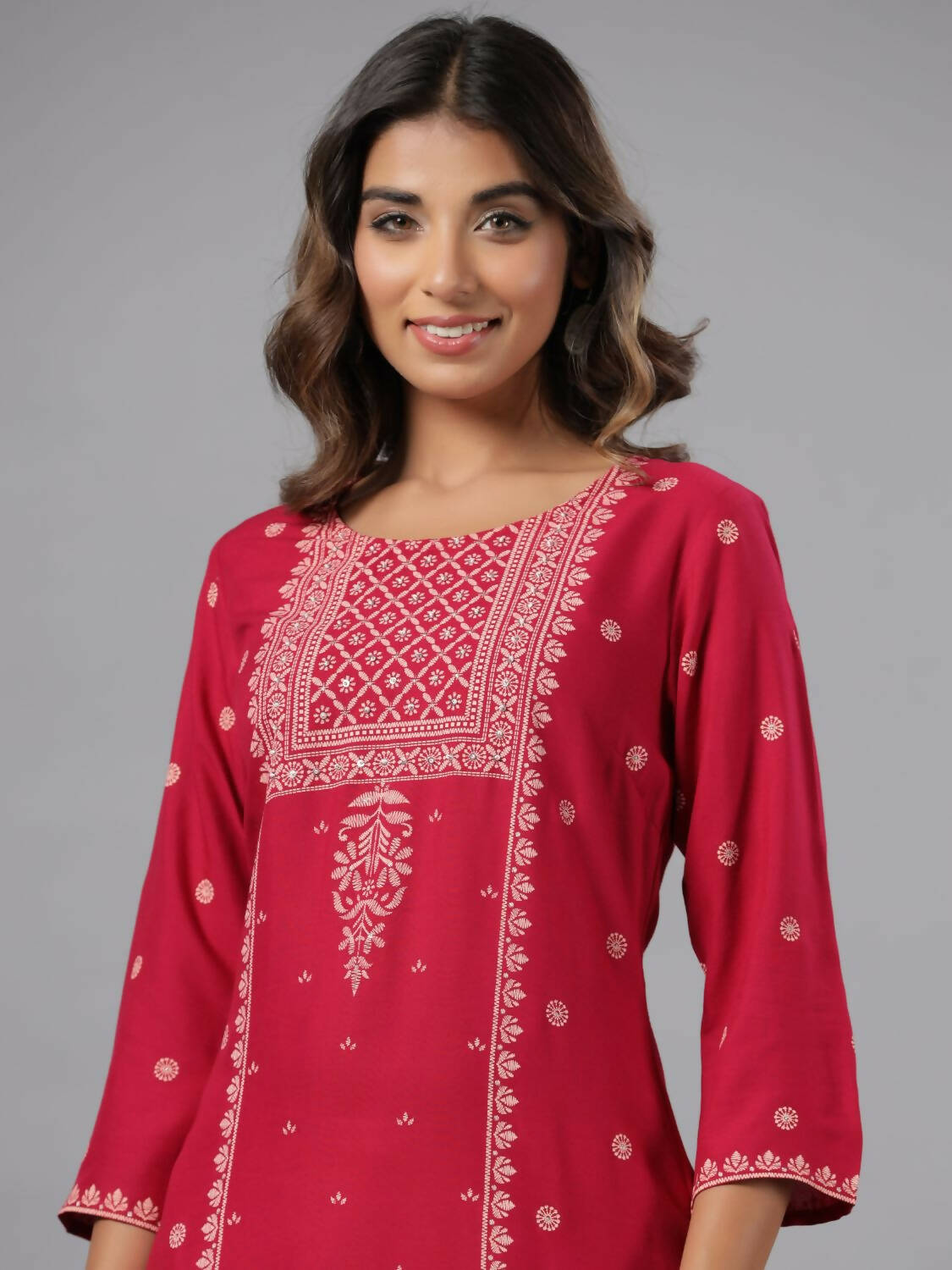 Juniper Women Fuchsia Rayon Printed Knee Length Straight Kurta | Grocsy
