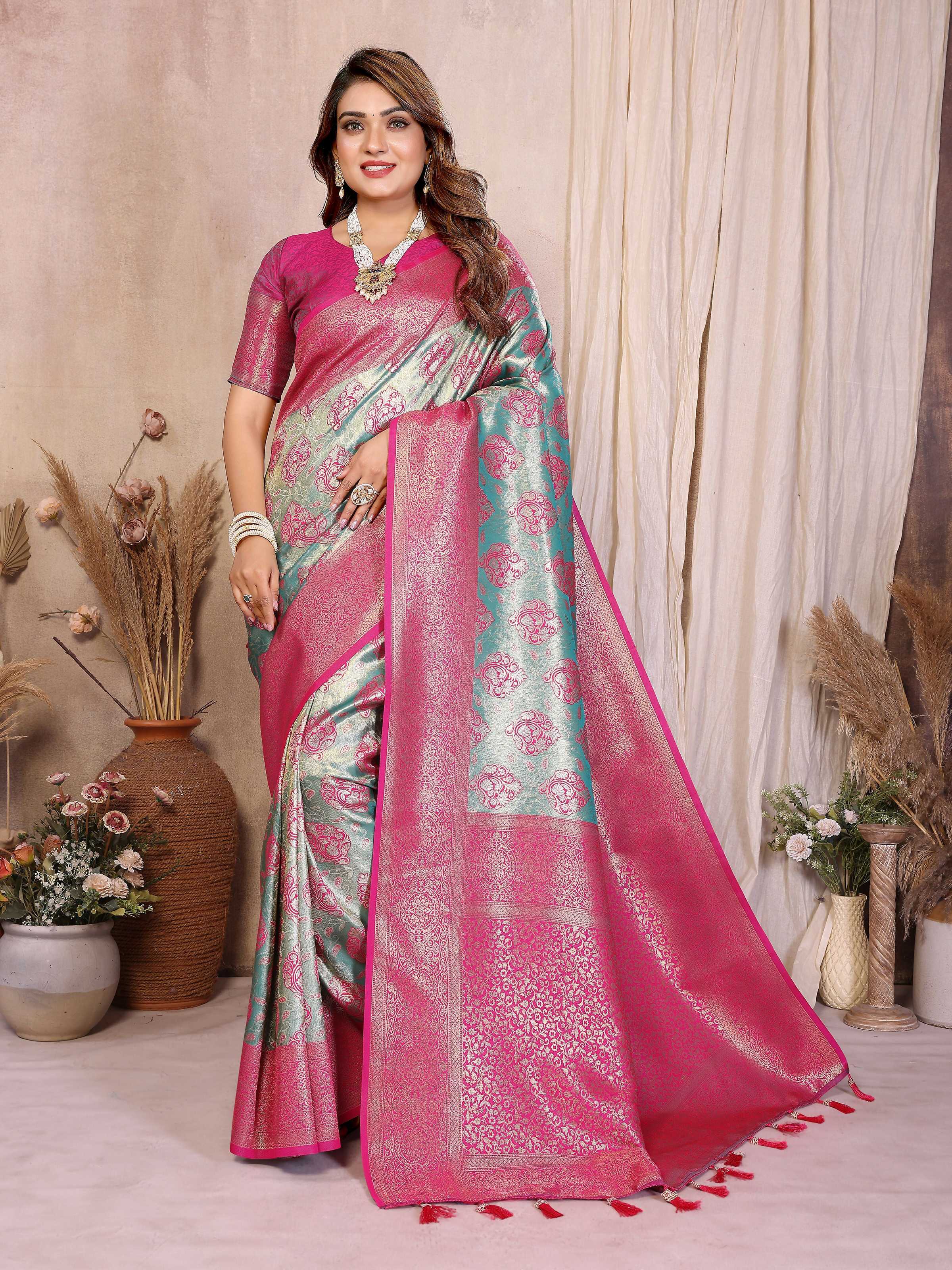 Aastha Fashion Aqua Banarasi Tissue Silk Weaving Saree | Grocsy