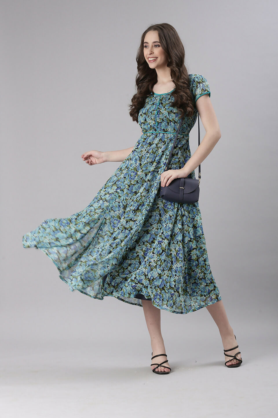 Souchii Teal & Blue Floral Printed Fit & Flare Dress | Grocsy