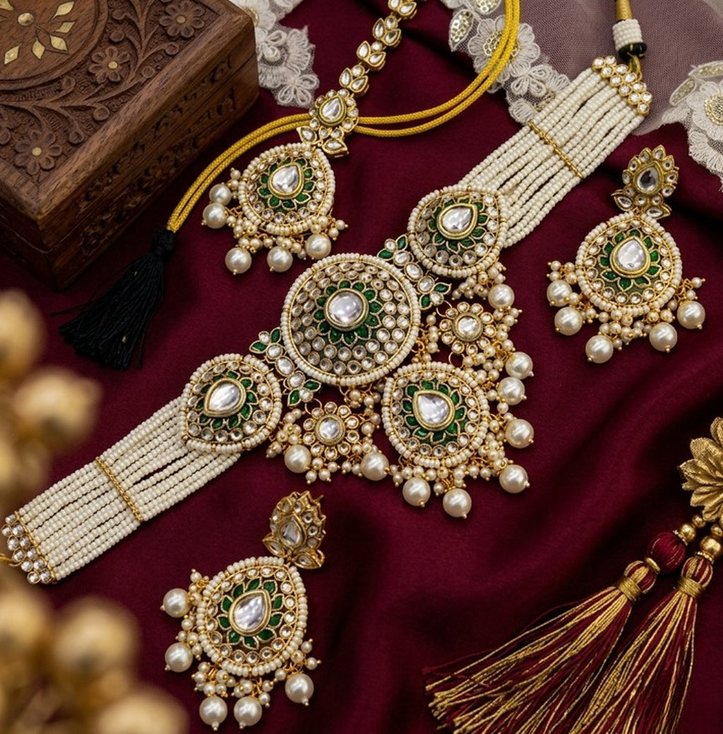 Jewel City Traditional Handcrafted Kundan Pearl Bridal Jewelry Set - Gold-Plated Ethnic Choker Necklace with Earrings & Maang Tikka | Grocsy