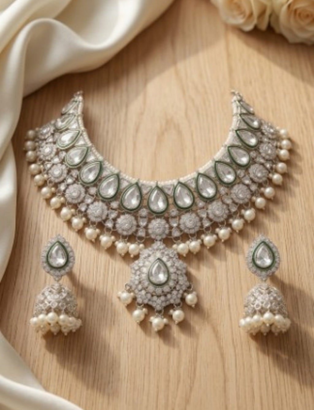 Jewel City Kundan & Pearl Gold-Plated Choker Necklace with Jhumka Earrings and Maang Tikka for Women | Grocsy