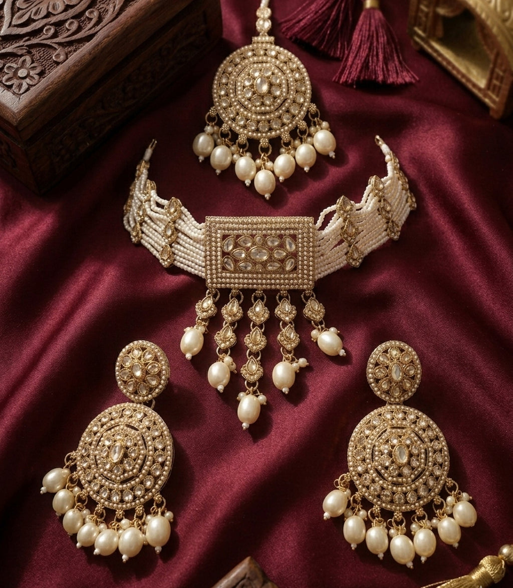 Jewel City Traditional Gold-Plated Pearl Choker Necklace Set with Earrings & Mangtika – Elegant Ethnic Bridal Jewellery | Grocsy