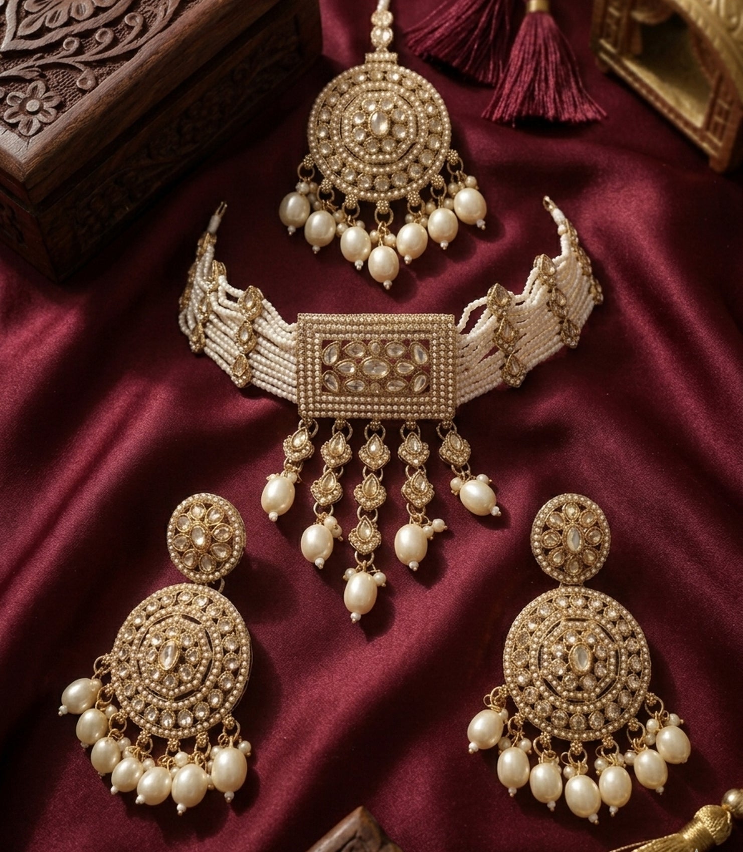 Jewel City Traditional Gold-Plated Pearl Choker Necklace Set with Earrings & Mangtika – Elegant Ethnic Bridal Jewellery | Grocsy