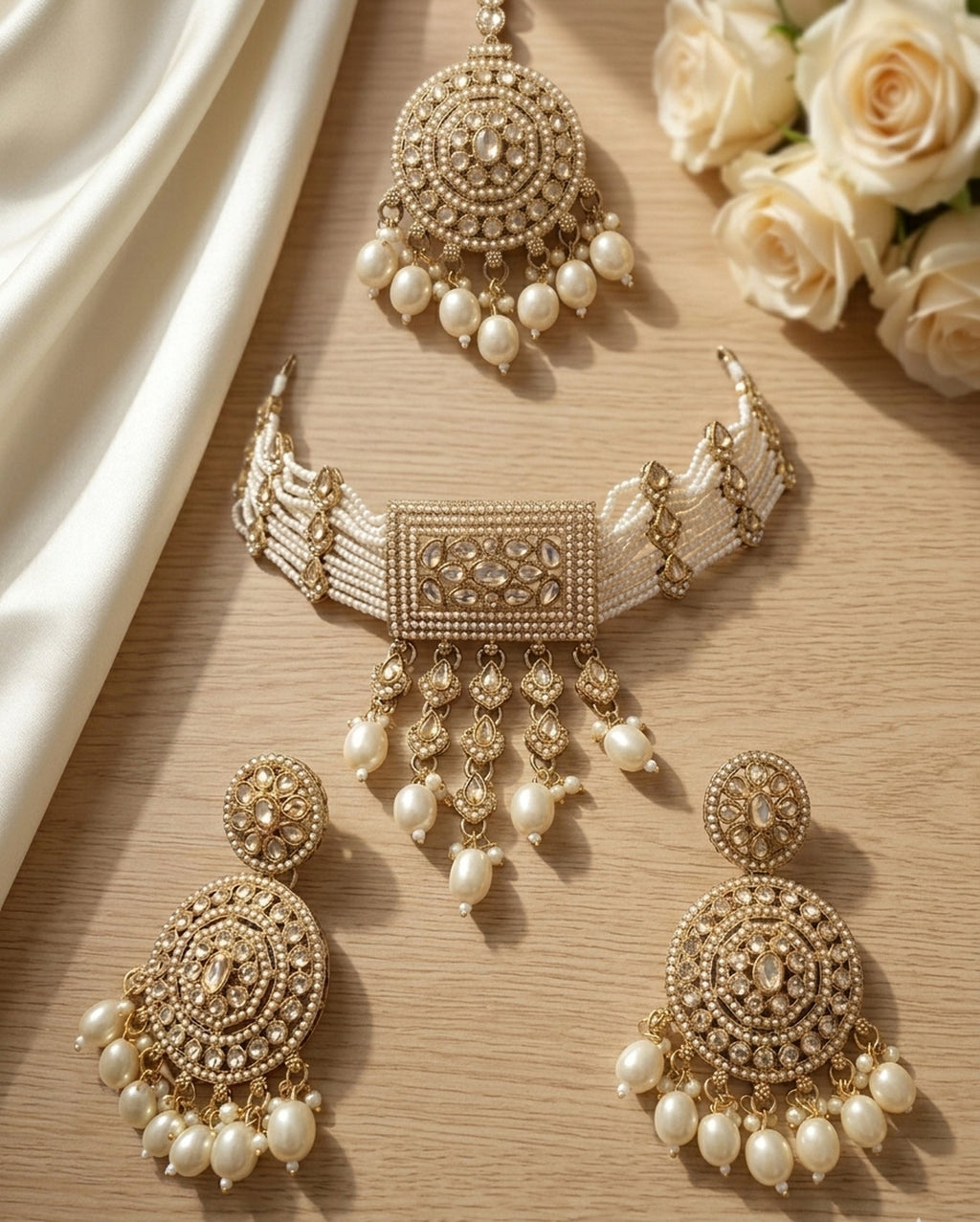 Jewel City Traditional Gold-Plated Pearl Choker Necklace Set with Earrings & Mangtika – Elegant Ethnic Bridal Jewellery | Grocsy