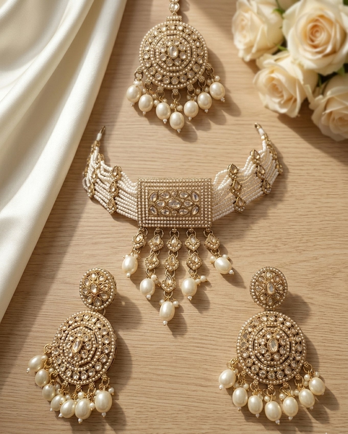 Jewel City Traditional Gold-Plated Pearl Choker Necklace Set with Earrings & Mangtika – Elegant Ethnic Bridal Jewellery | Grocsy
