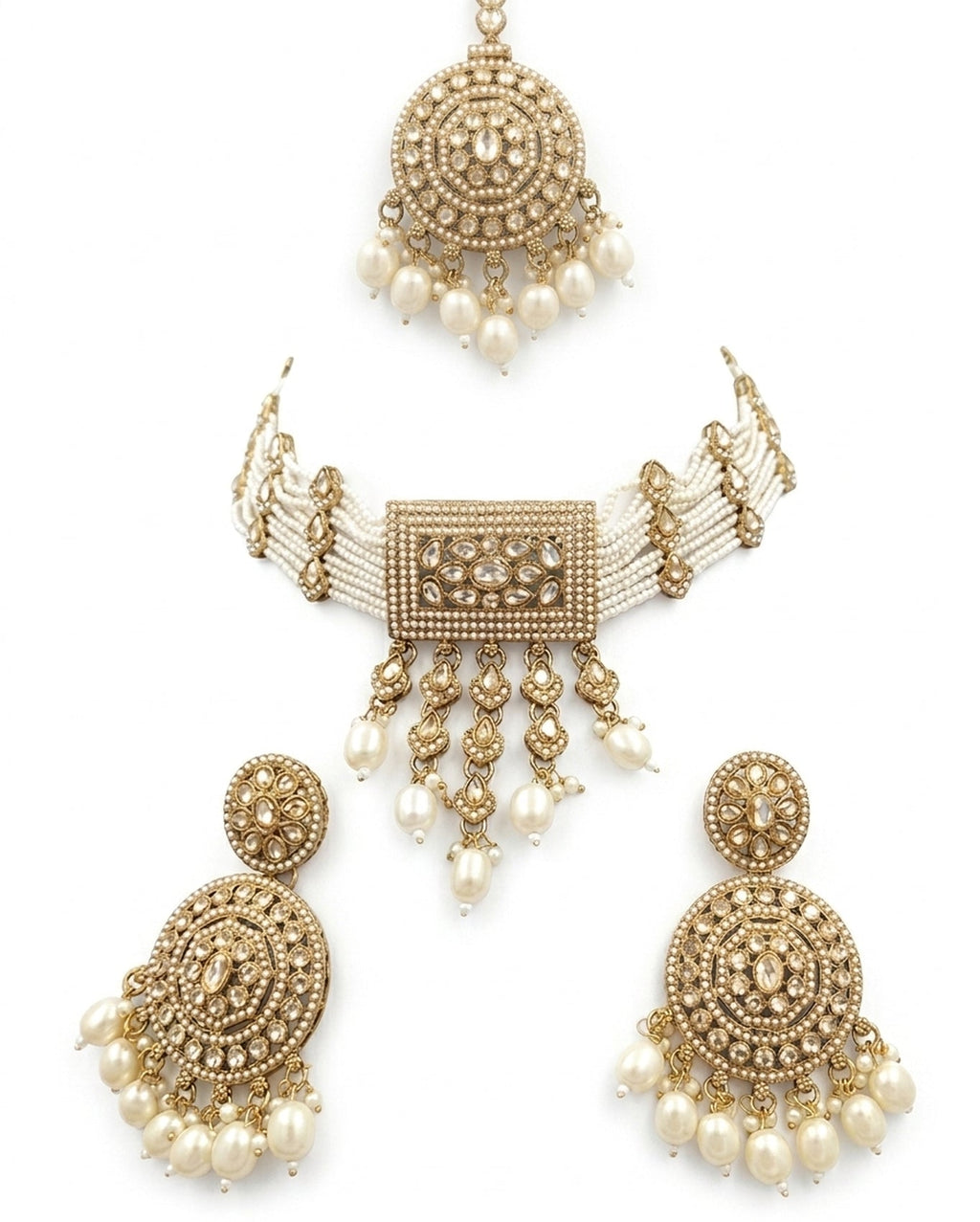 Jewel City Traditional Gold-Plated Pearl Choker Necklace Set with Earrings & Mangtika – Elegant Ethnic Bridal Jewellery | Grocsy