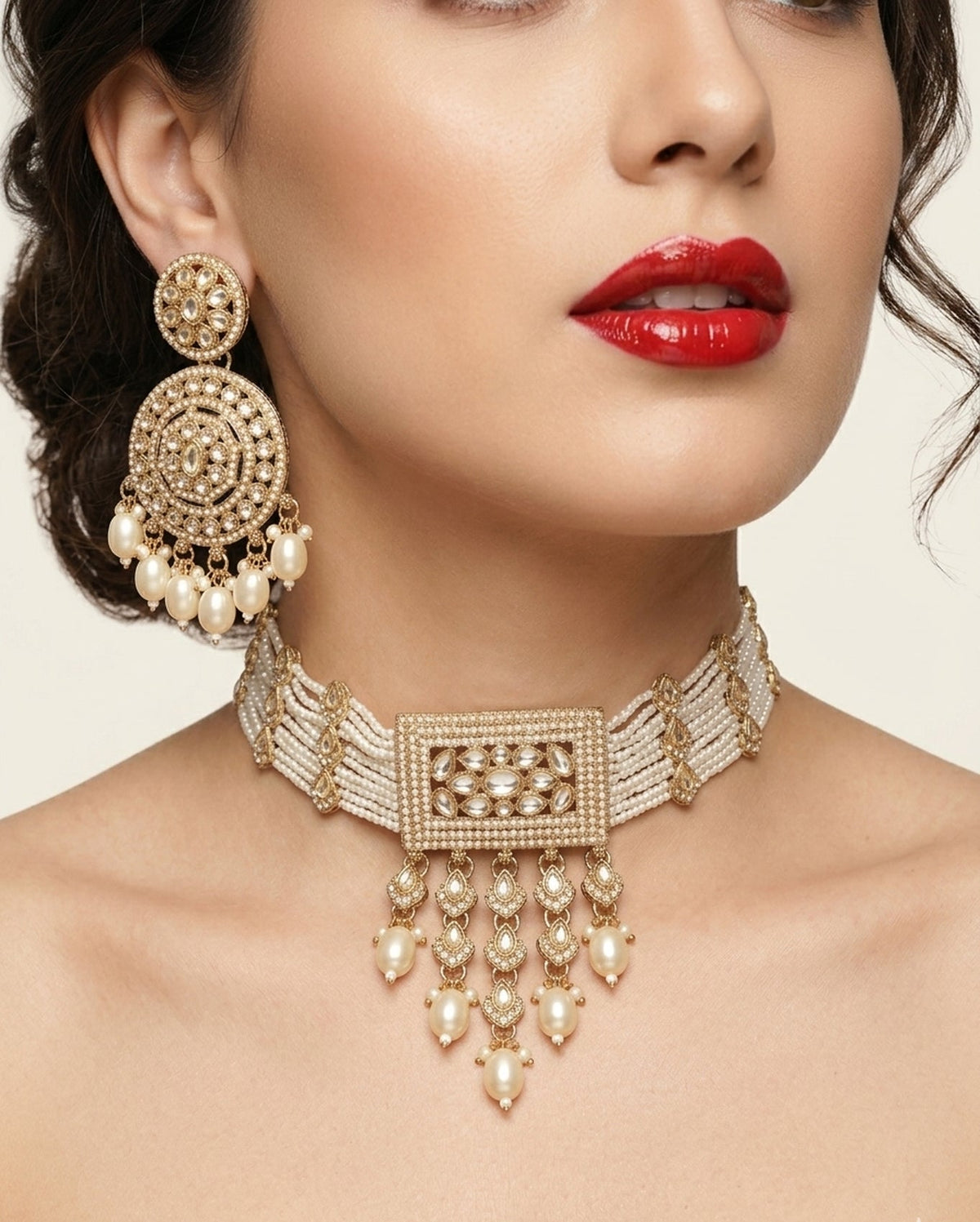 Jewel City Traditional Gold-Plated Pearl Choker Necklace Set with Earrings & Mangtika – Elegant Ethnic Bridal Jewellery | Grocsy