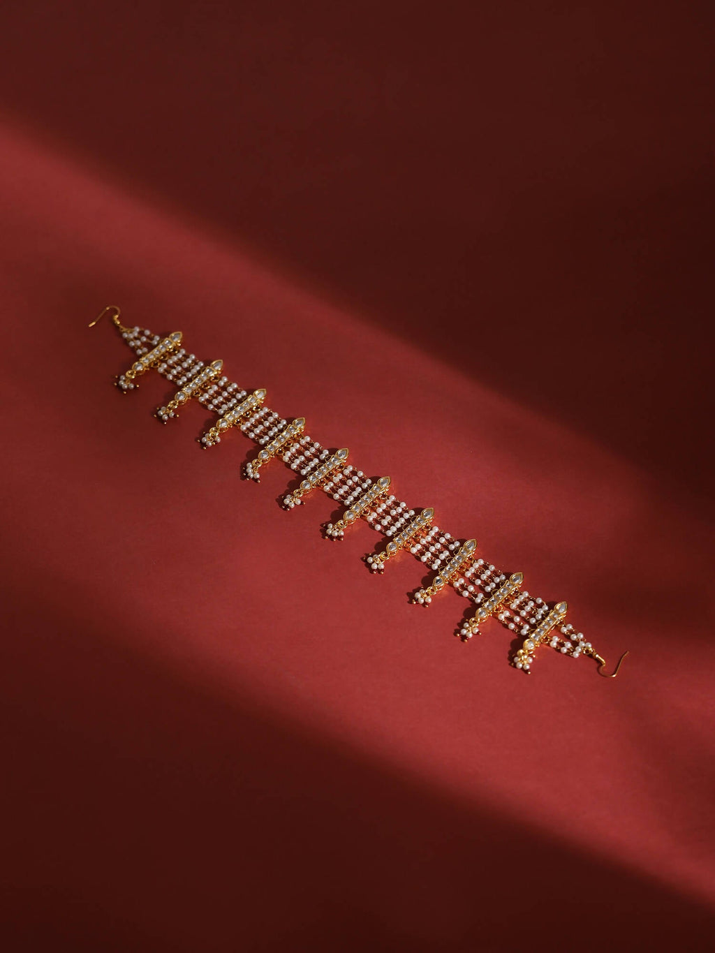 White Gold-Polished Kundan-Studded Beaded Matha Patti - Ruby Raang | Grocsy