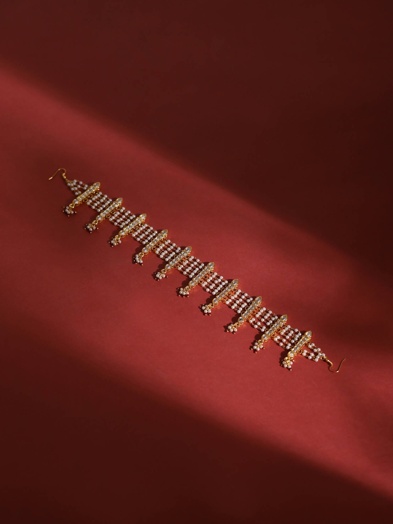 White Gold-Polished Kundan-Studded Beaded Matha Patti - Ruby Raang | Grocsy