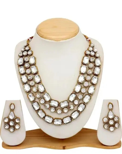 Jewel City Modern Kundan-Style Clear Stone Necklace Set with Earrings Handcrafted Gold-Plated Party Wear Set for Women | Grocsy