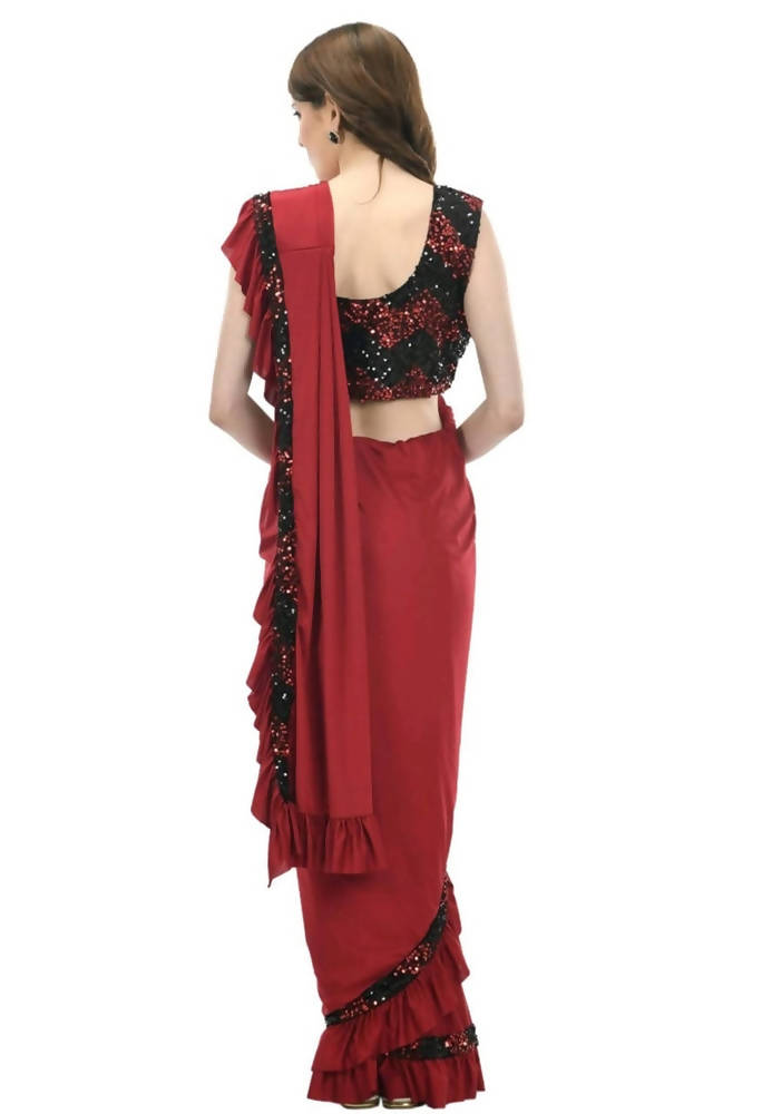Mominos Fashion All Season Wear Olive Red And Black Ruffled Ready To Wear Saree