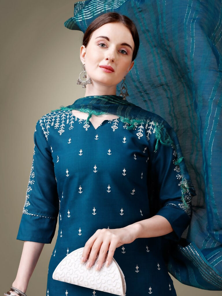 Jyoti Fashion Women's Morpich Cotton Blend Embroidery & Sequence work Kurta with Trouser & Dupatta | Grocsy