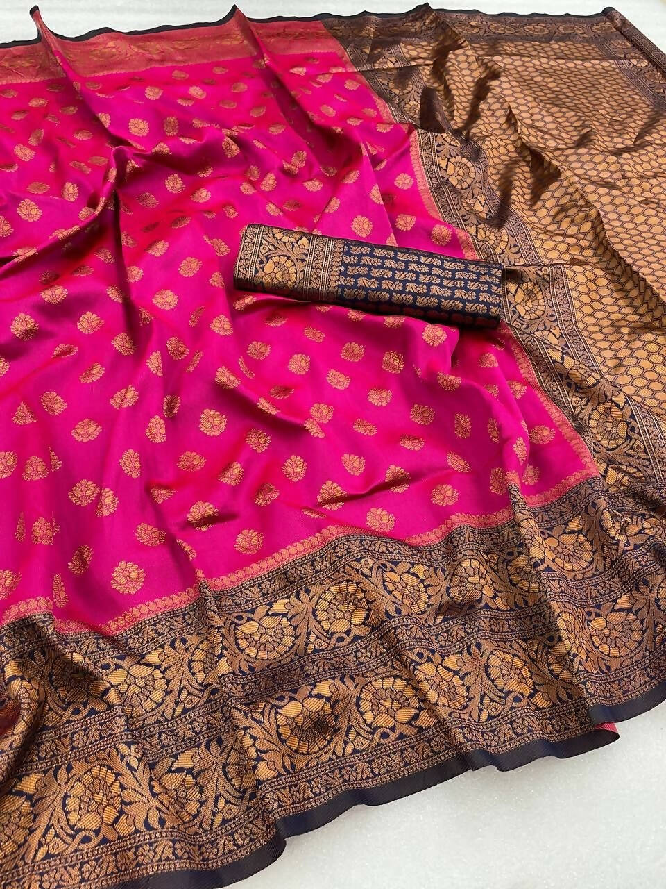 DEIANA'S Beautiful Designer Golden zari Soft Lichi Silk Saree - Pink | Grocsy