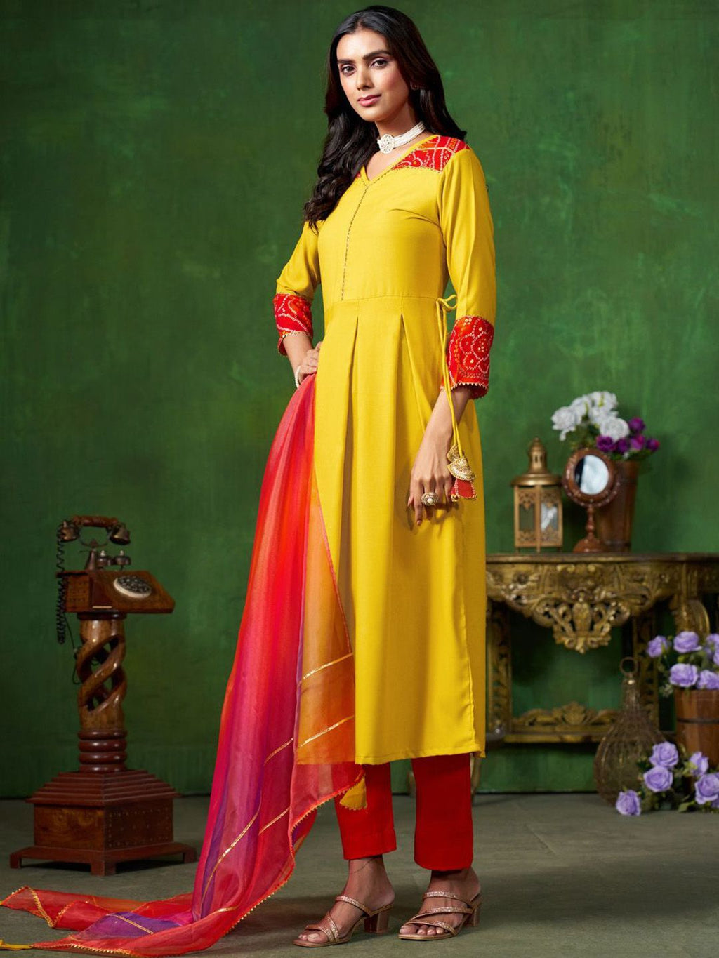 Sangria Yellow V-Neck Three-Quarter Sleeves Regular Gotta Patti Anarkali Kurta & Dupatta | Grocsy