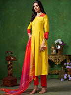 Sangria Yellow V-Neck Three-Quarter Sleeves Regular Gotta Patti Anarkali Kurta & Dupatta | Grocsy