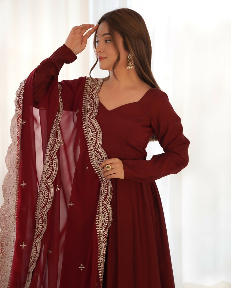 Teeya Creation Maroon Color Pure Roman Silk Chanderi Party Wear Fully Stitched Gown | Grocsy