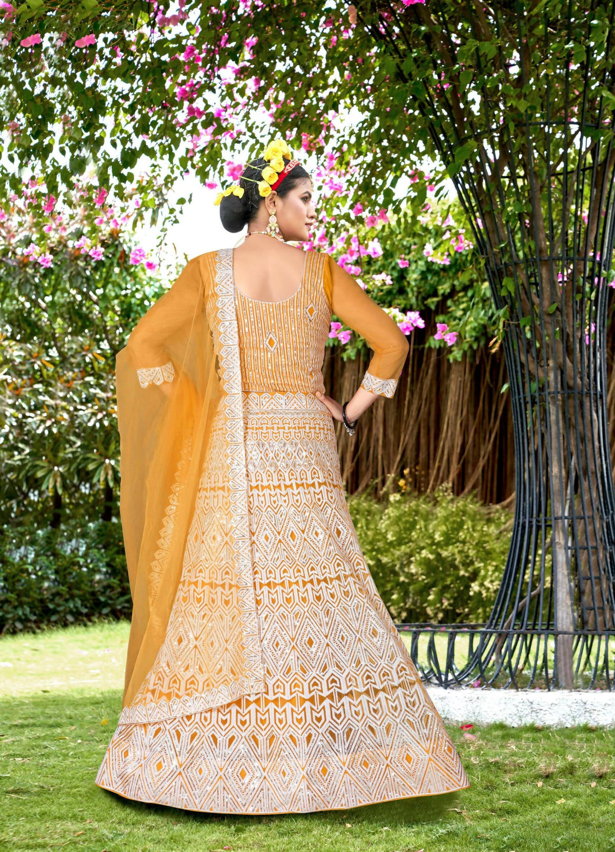 Yellow Net Embroidered Semi Stitched Lehenga Choli with Dupatta - Bhagya | Grocsy