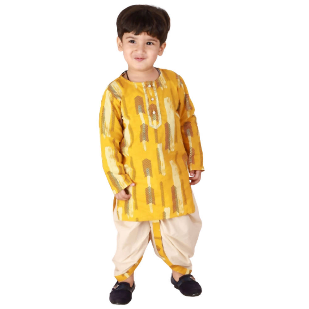 Little Bansi Boys Yellow and Cream Color Feather print Kurta and Dhoti | Grocsy