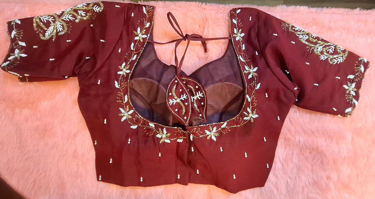 Kia Fashions Maroon Cotton Silk Hand Embroidered Readymade Blouse | Grocsy