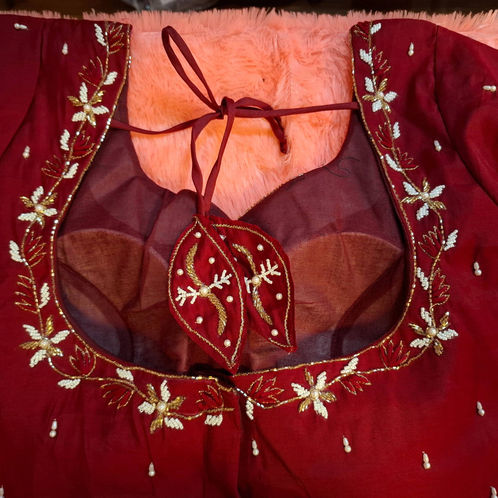 Kia Fashions Maroon Cotton Silk Hand Embroidered Readymade Blouse | Grocsy