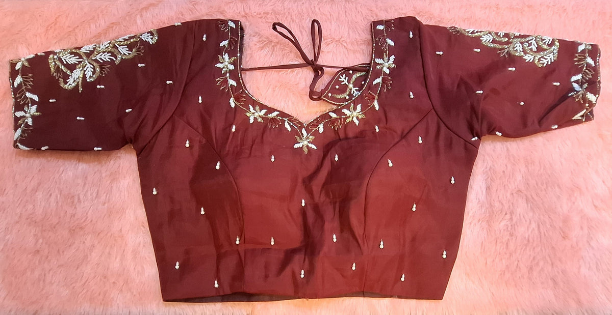 Kia Fashions Maroon Cotton Silk Hand Embroidered Readymade Blouse | Grocsy