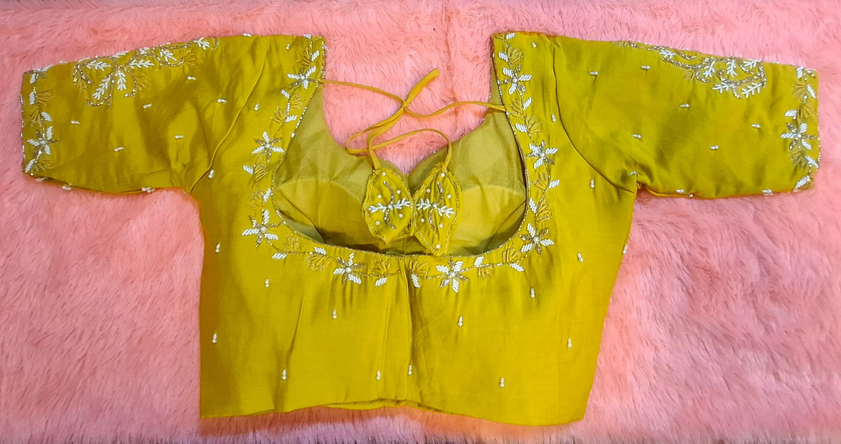 Kia Fashions Mustard Yellow Cotton Silk Hand Embroidered Readymade Blouse | Grocsy