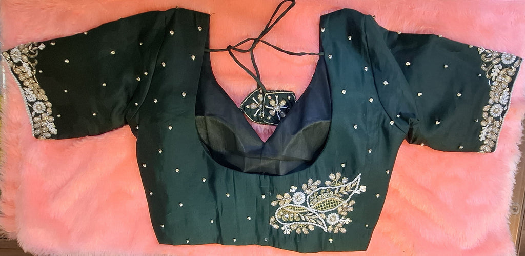 Kia Fashions Bottle Green Hand Embroidered Embroidered Readymade Blouse | Grocsy