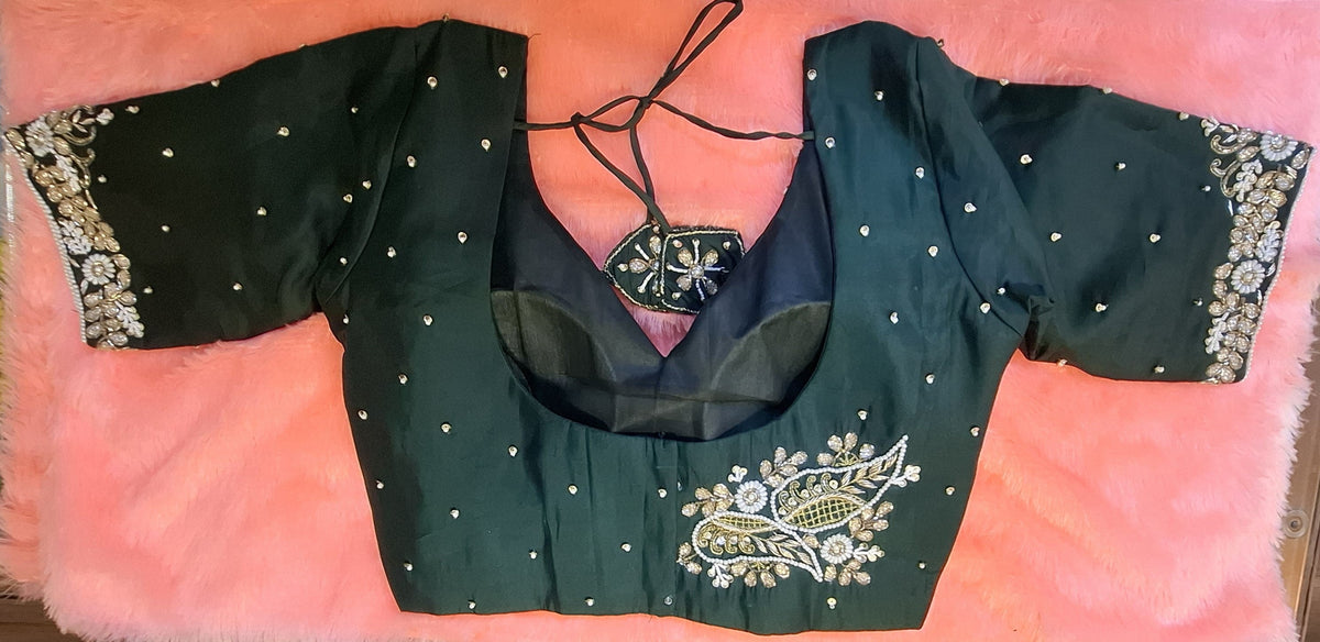 Kia Fashions Bottle Green Hand Embroidered Embroidered Readymade Blouse | Grocsy