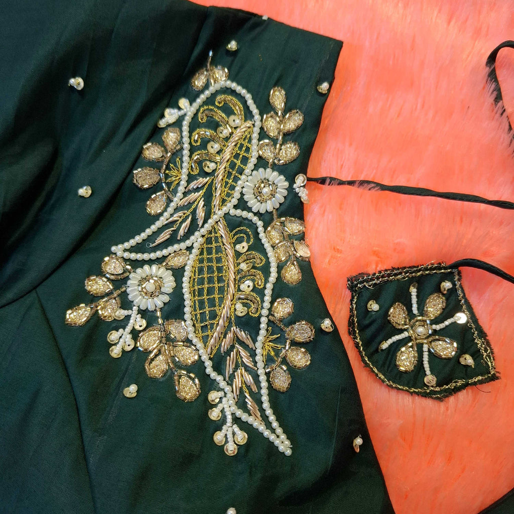 Kia Fashions Bottle Green Hand Embroidered Embroidered Readymade Blouse | Grocsy